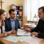 Scena przedstawia wnętrze jasnej, nowoczesnej kancelarii parafialnej