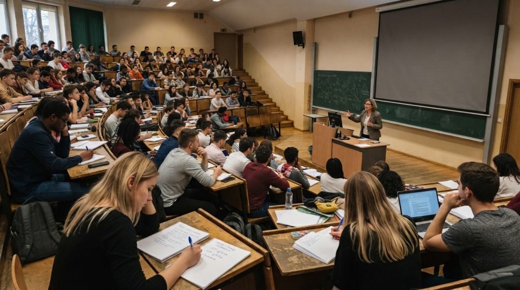 Ten obraz przedstawia zajęcia stacjonarne w auli uniwersyteckiej